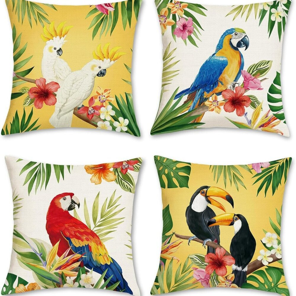 Tropical Birds Toucan Throw Pillow Covers 18 x 18 Inch Parrots Flowers Leaves Ou - Picture 1 of 6